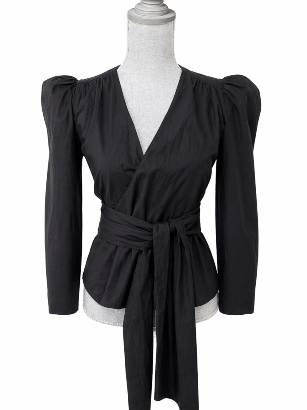 ZARA Black Wrap Blouse XS Puff Sleeve Tie Waist Top Made in Spain Chic